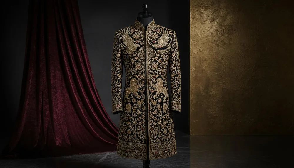 Platinum taupe longline embroidered tuxedo coat